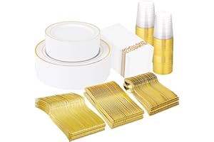 Supernal 400pcs Gold Plastic Dinnerware Set for 50 Guests-Gold Plastic Plates Heavy Duty Disposable Party Plates, 200 Gold Plastic Silverware, Linen Napkins, Clear Cups For Wedding,Birthday