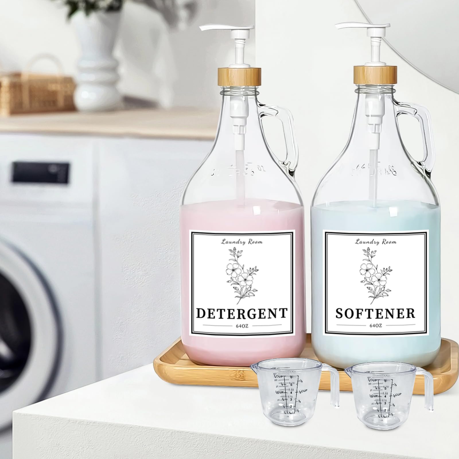 Glass Laundry Detergent Dispenser, Liquid Laundry Soap Dispenser for Laundry Room, 64oz Detergent Bleach Softener Dispenser for Farmhouse Decor, Includes Bamboo Pumps and Tray, Funnel, Labels