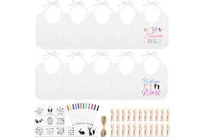 BOUBONI 55 Pcs DIY Baby Bibs Decorating Set Includes 10 White Bibs 12 Fabric Markers 12 Stencils 20 Clothespins 1 Hemp Rope for Baby Shower Games Boys Girls