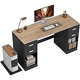 HOMCOM 55" Computer Desk with Drawers, Reversible Office Desk with Mobile CPU Stand, Adjustable Shelf, Removable Wheels, Stud