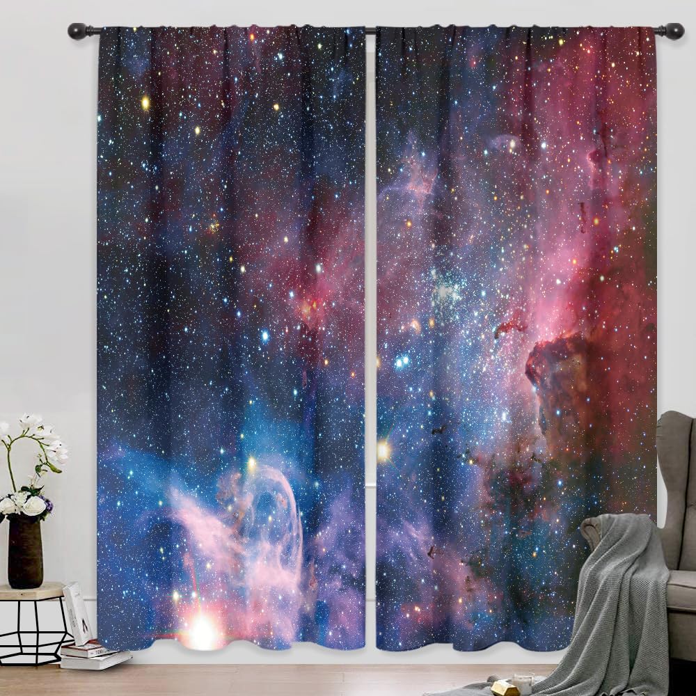 Riyidecor Outer Space Curtains Rod Pocket Galaxy Universe Colorful Psychedelic Planet Nebula Starry Sky Astronomic Living Room Bedroom Window Drapes Treatment Fabric (2 Panels 52 x 84 Inch)