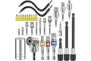 ZEHIQ 32PCS Flexible Drill Bit Extension Screwdriver Set with 105°Right Angle Drill Attachment, 1/4 3/8 1/2 In Hex Socket Adapter, Bendable Drill Bit Extender and Socket Set for Drill
