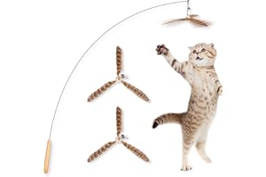 JXFUKAL Cat Wand Toys, Interactive Cat Toys with 3 Feather Refills, 29'' Flexible Steel Wire, Sturdy Wood Handle & Bell for Kitty Kitten, Cat Toys for Indoor Cats Teaser Cat String Toy