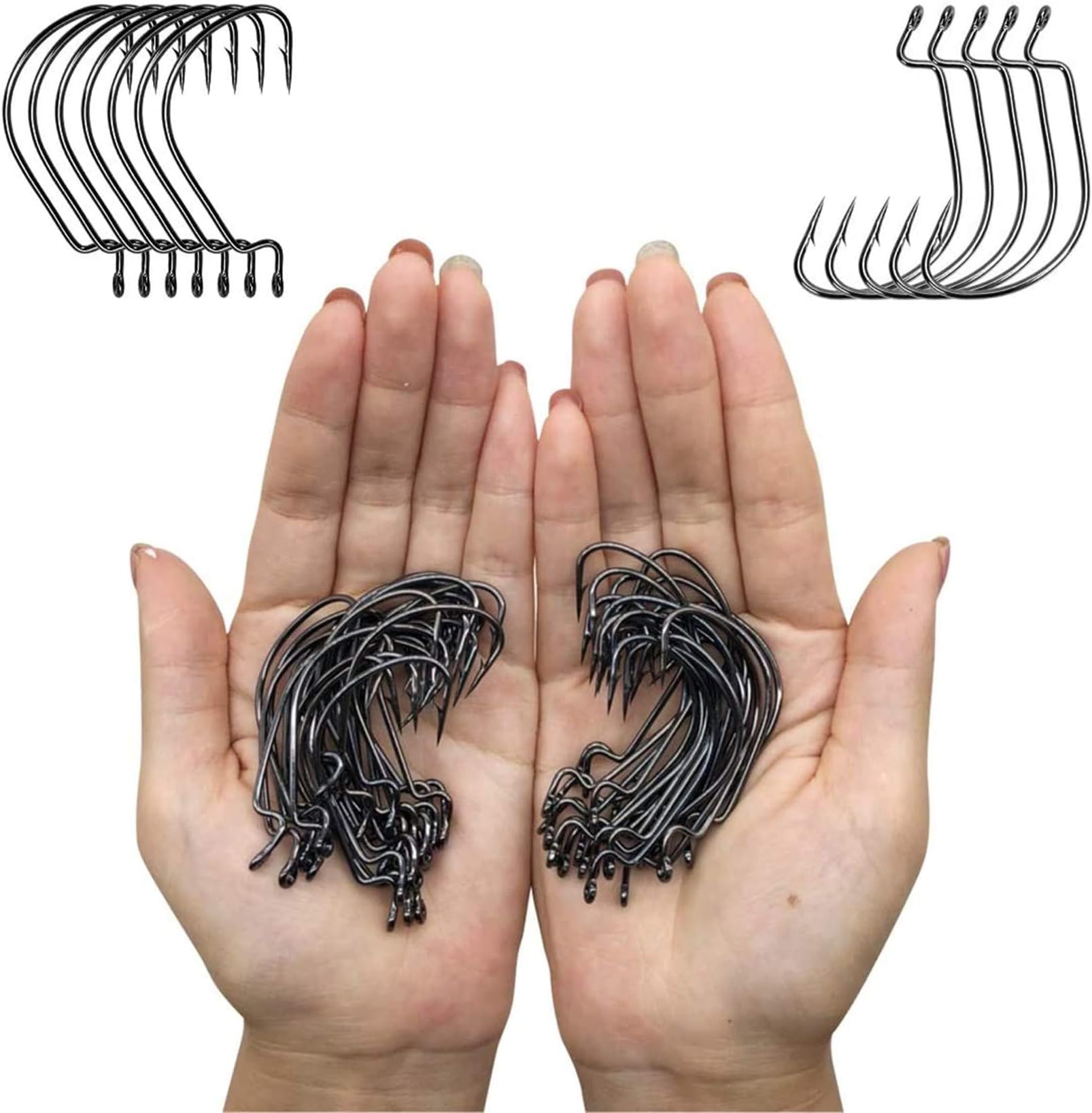 DAMIDEL 50PCS Strong High Carbon Steel Fishing Hooks,Barded Design,Worms Senko Soft Bait Fishhook Set ，Available in 7 Sizes, lndividually Packaged