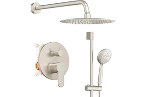 Gabrylly Shower System Brushed Nickel, Slide Bar Shower Faucet Set with High Pressure 10" Rain Head and 5-Setting Handheld Spray, 2 Way Pressure Balance Valve Trim Kit