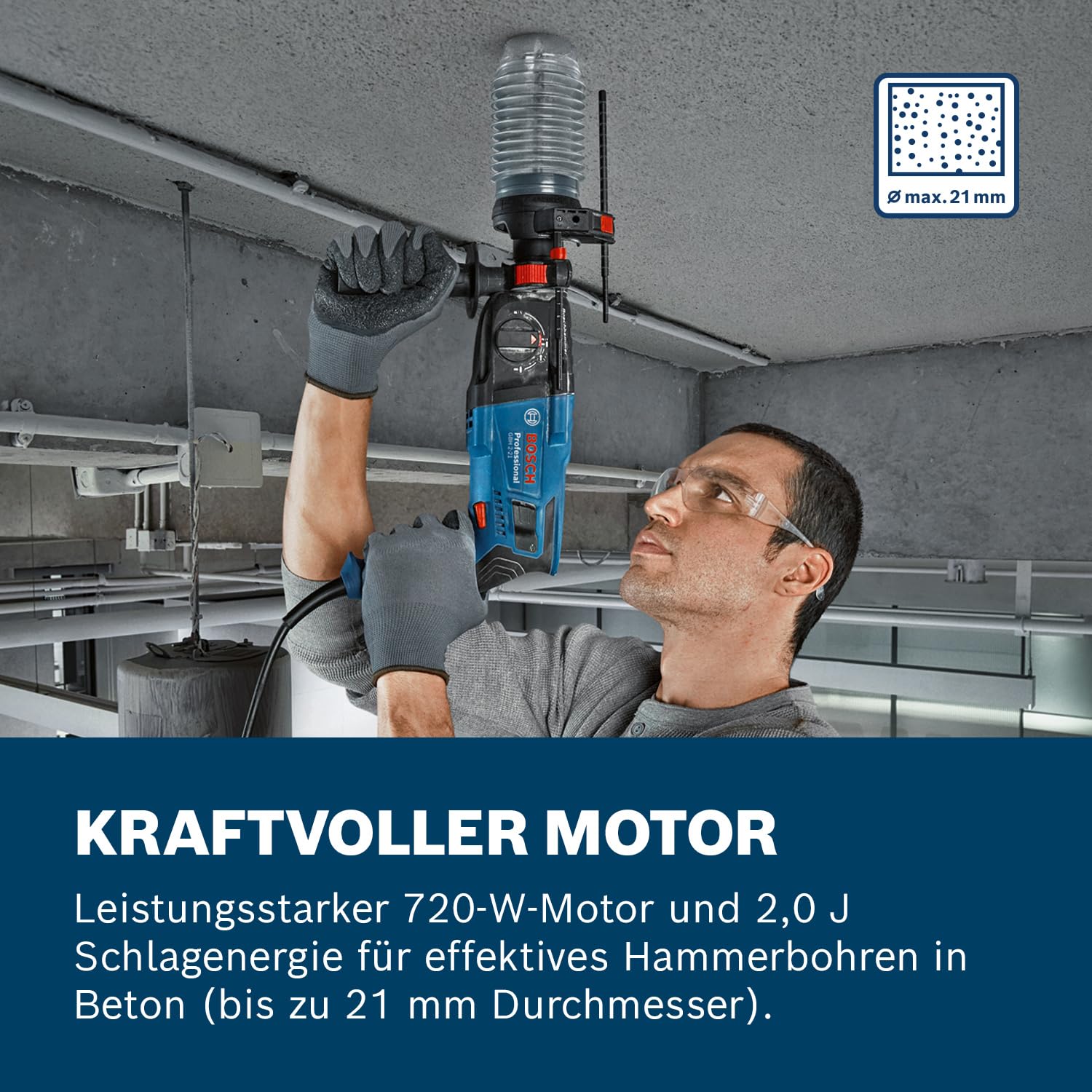 Bosch Professional Bohrhammer GBH 2-21 (mit SDS plus, inkl. Zusatzhandgriff, Maschinentuch, Tiefenanschlag, Handwerkoffer)