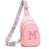 I IHAYNER Girls Sling Bag Fanny Pack Crossbody Bags with Initial Letter for Teen Girls Gift Trendy Stuff Chest Bag for Travel (Pink-M）