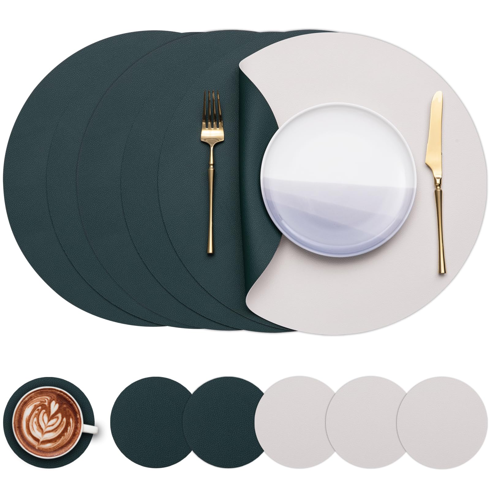 Myir JUN Round Table Placemats Set of 6 Faux Leather Place Mats and Coasters 15 inch Round Dual Sided Placemats Non-Slip Wipe Clean Stain Resistant (White Green,Set of 6)
