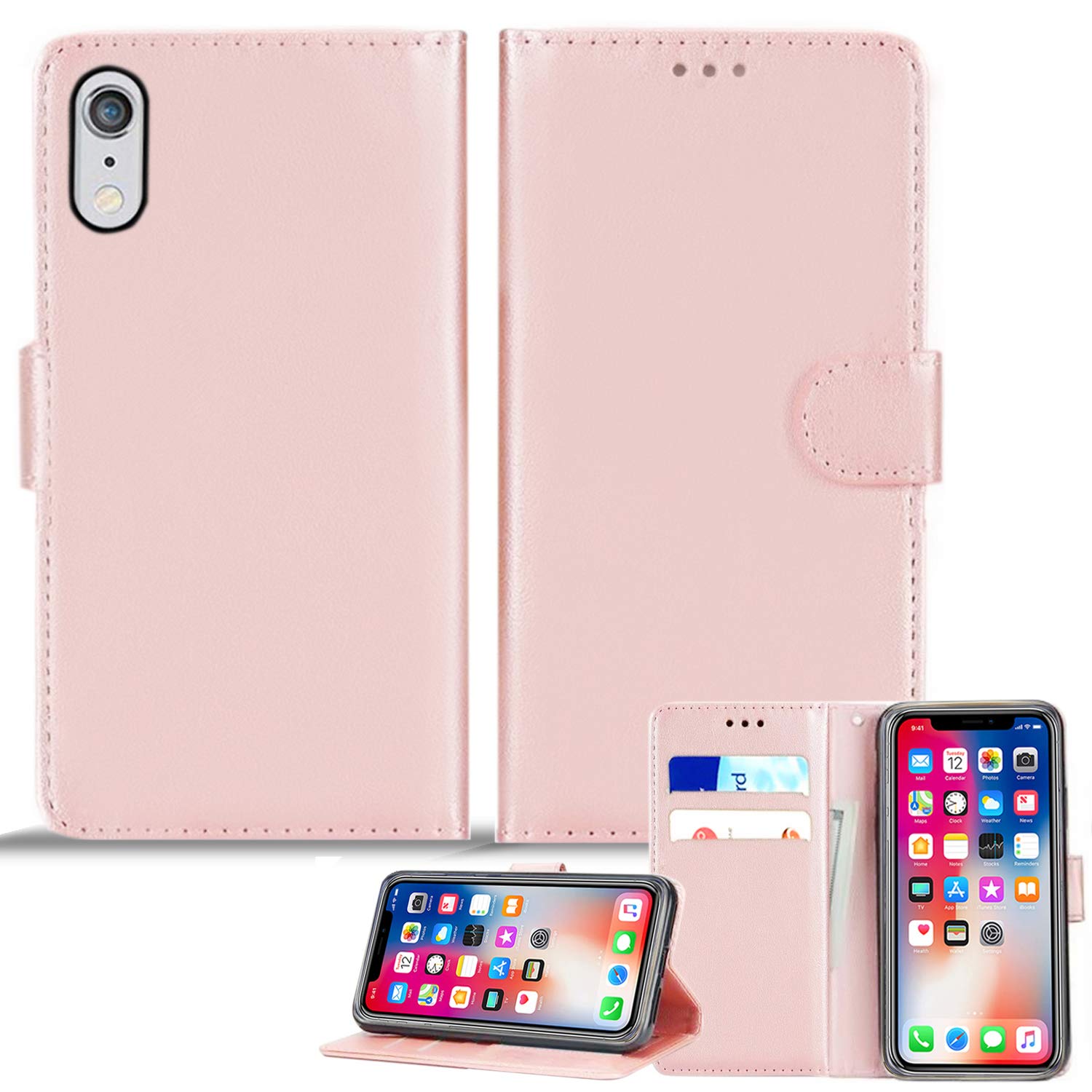 Mobile Stuff iPhone XR Leather Wallet Case - Folio Flip Book Cover with Magnetic Clasp Closure - Adjustable Viewing Stand (iPhone XR, Rose Gold)
