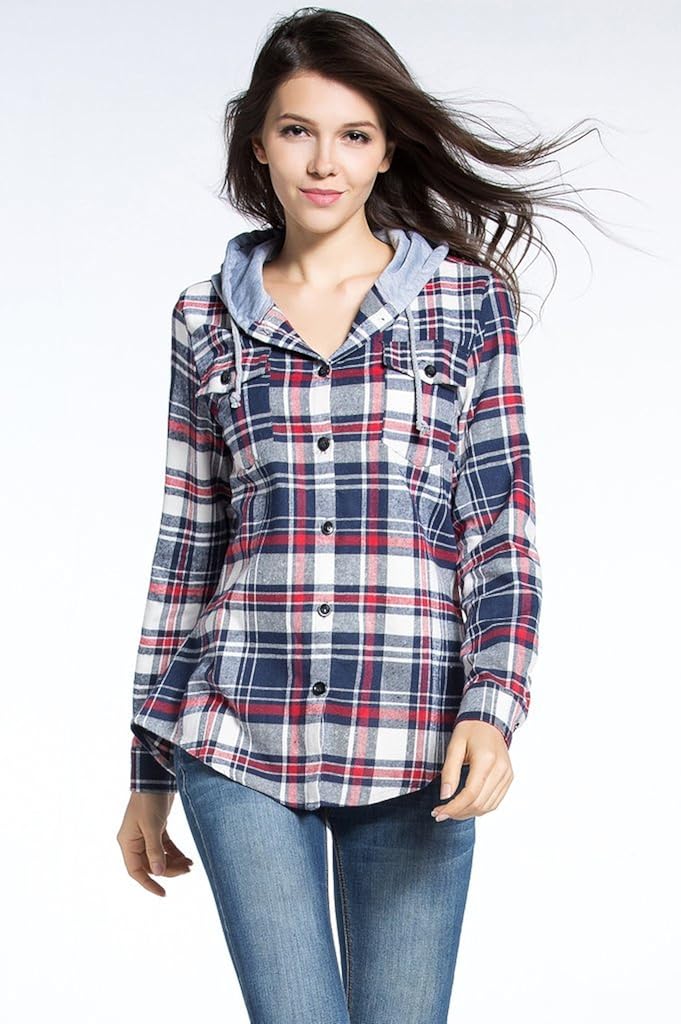 BomDeals Women's Classic Plaid Cotton Hoodie Button-up Flannel Shirts at  Women’s Clothing store