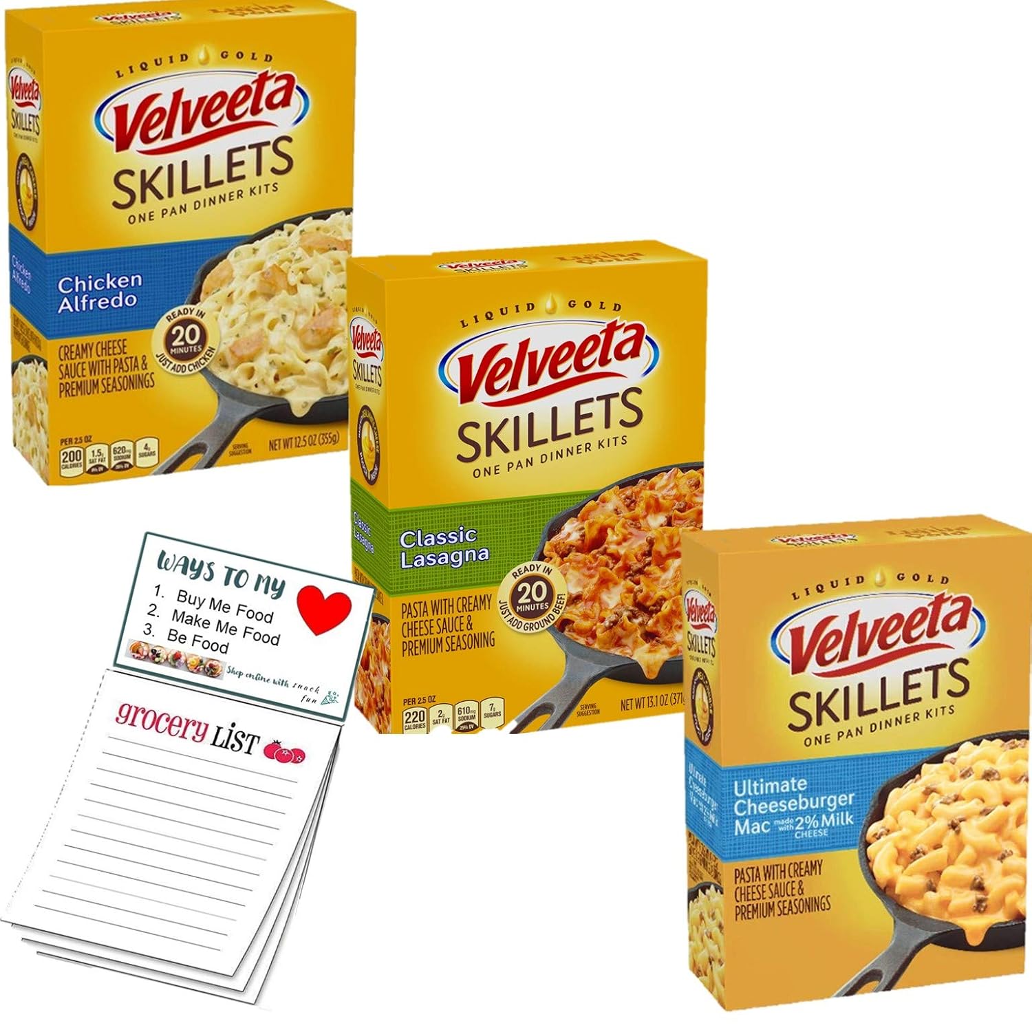 Velveeta Skillets Variety pack of 3 | Kraft Box Dinner Variety Pack | Classic Lasagna | Chicken Alfredo | Ultimate Cheeseburger Mac | Snack Fun Shopping Pad