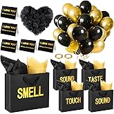 5 Senses Gift Bags for Him With Tissue Papers, Five Senses Black Gift Bags with Rose Petals Balloon, Gifts Decoration Bag for Birthday Wedding Anniversary Valentine's Day (Black,12.6 x 8.7 x 4 Inch)