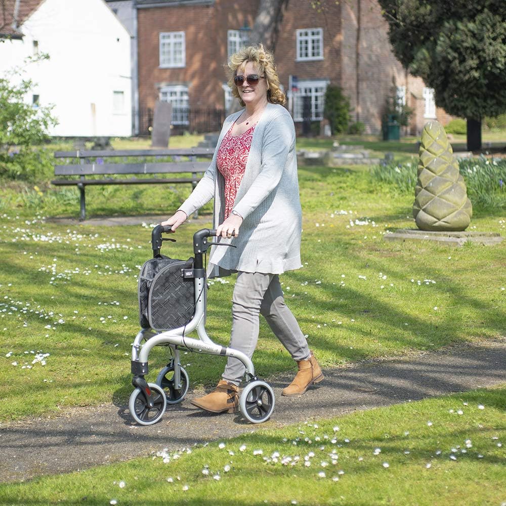NRS Healthcare Freestyle Ultra Lightweight Folding 3 Wheel Rollator, Lockable Brakes, Height Adjustable, Removable Bag - Image 4