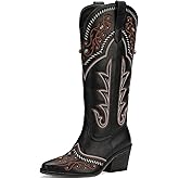 ReneChristine Women's Embroidery Western Cowboy Boots with Studs & Emerald Gemstones, Knee High Wide Calf Cowgirl Boots for Summer Parties Beachside Events Black Size 10