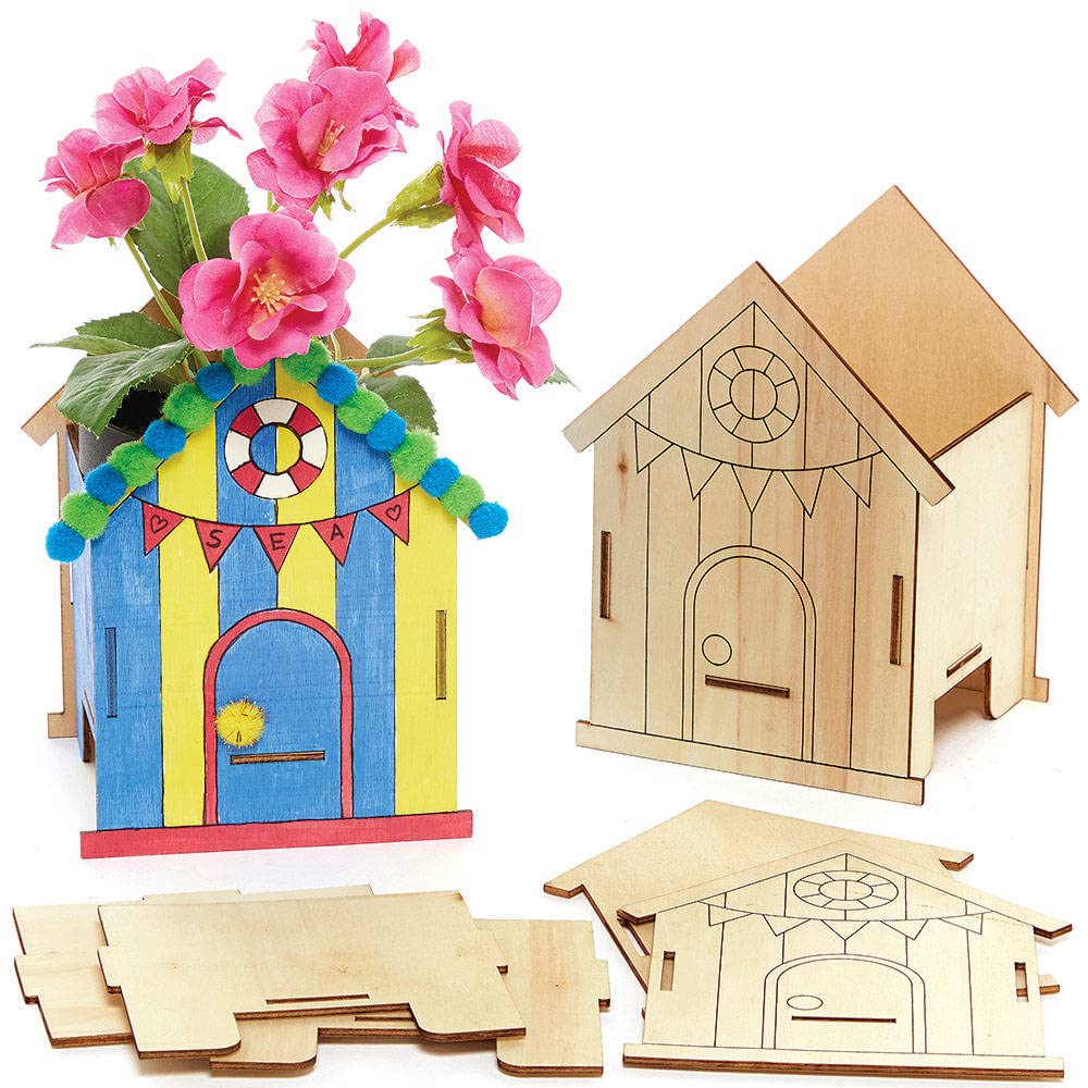 Baker Ross FC791 Beach Hut Wooden Flowerpot Kits - Pack of 3, Craft Kits for Kids, Plant Pot Painting, Wood Crafts, Green