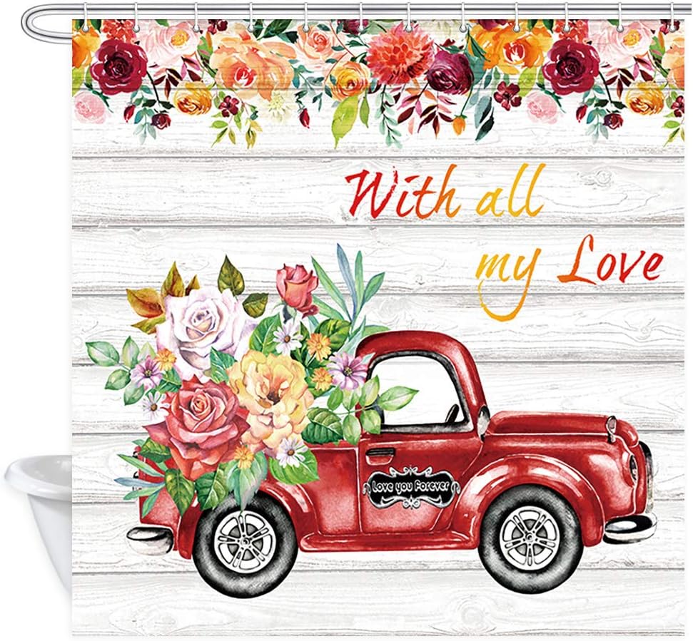 Amazon Com Valentine S Day Shower Curtains Red Truck Car With Watercolor Floral Rose Flower On Rustic Wooden For Romantic Festival Bath Curtain Fabric Vintage Truck On Wood Bathroom Shower Curtain 70x70in Home