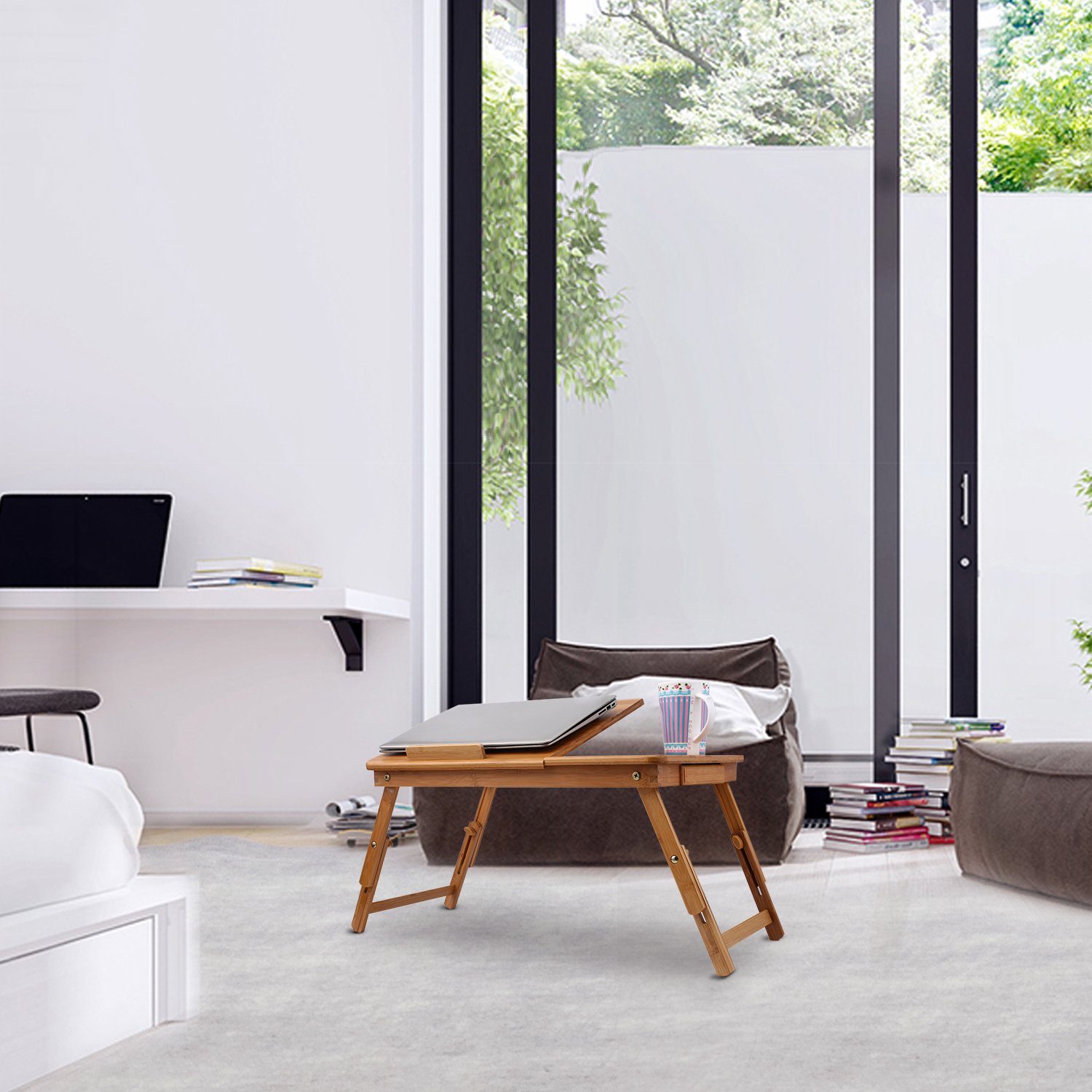 Bamboo Laptop Desk, Adjustable Portable Breakfast Serving Bed Tray with Tilting Top Drawer for Surfing Reading Writing Eating