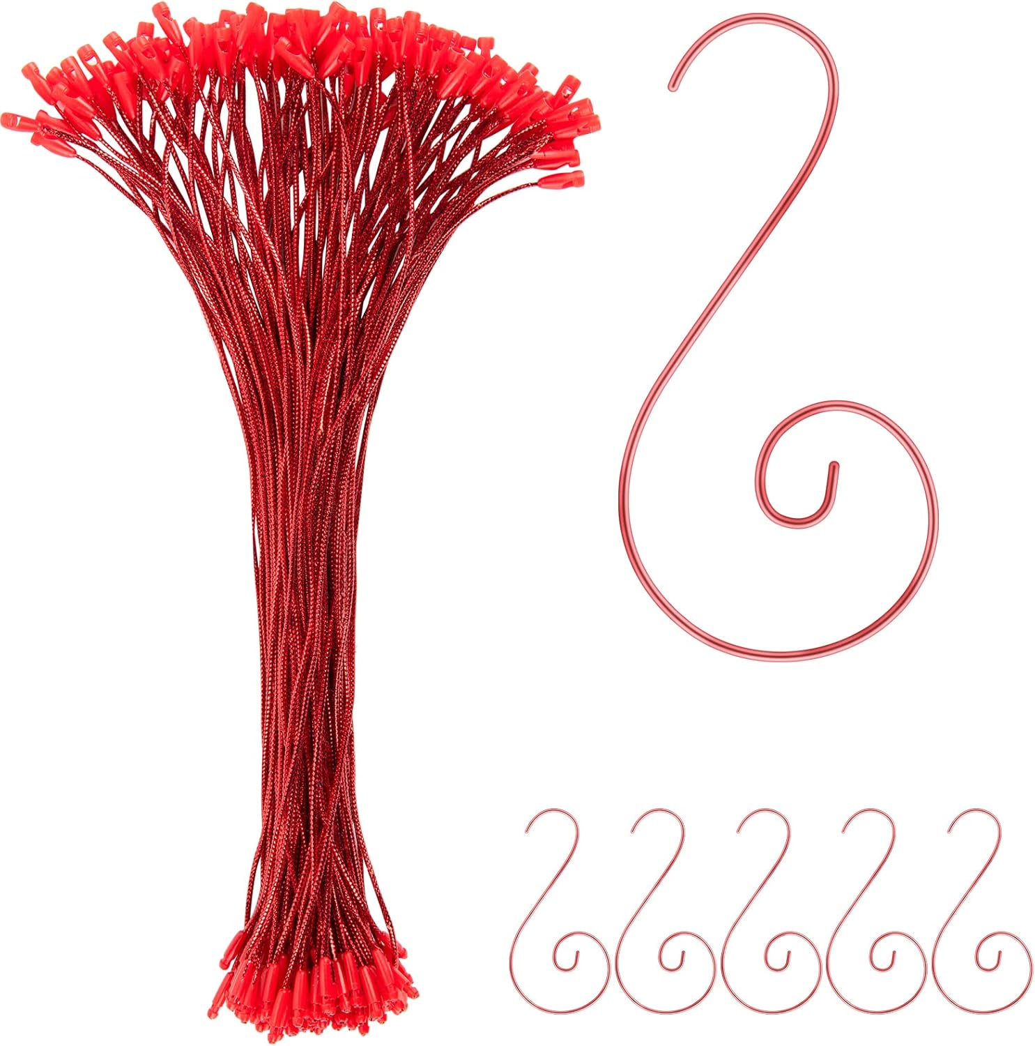 Ornament Hooks - RIFNY 200 PCS Christmas Ornament Hangers Hooks Snap Locking Ropes Hang Tag Ornament Fasteners Pre-Cut Hanging Ropes Fasteners for Christmas Tree Party Halloween Holiday Ornament Decoration (Red)