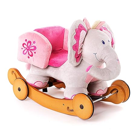 HONNIEKIS 2 in 1 Plüsch Rocker mit Rad - Rosa Elefant, hölzernes Schaukelpferd für Kinder 1,2,3 Jahre, Geschenk für Kinder