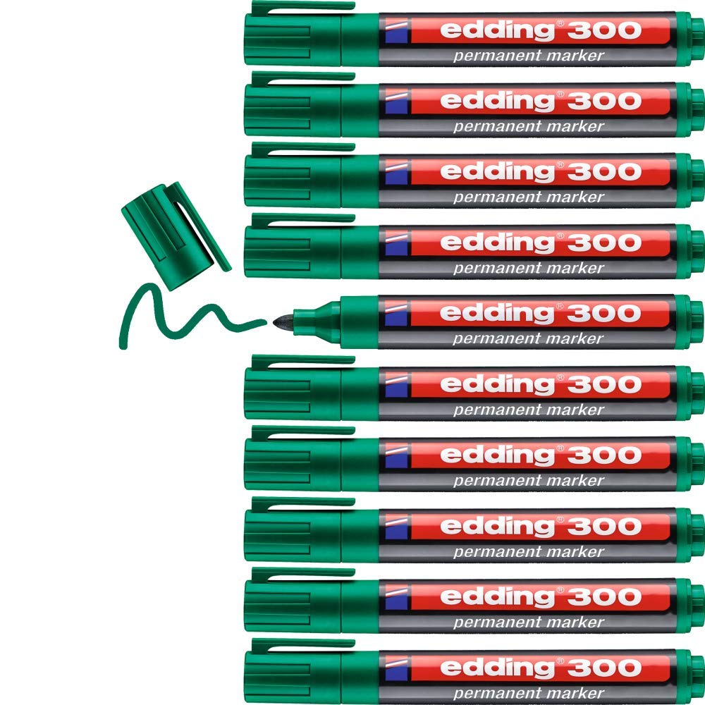 edding 300 permanent marker - green - 10 pens - round tip 1.5-3 mm - waterproof, quick-drying, smear-proof pens - for cardboard, plastic, glass, wood, metal and fabric
