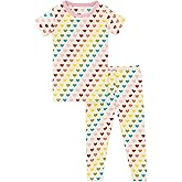 KicKee Full of Hearts Two Piece Pajamas Set, Short Sleeve, Long Pants, Snug Fit Pajamas (Rainbow Hearts - 8 Years)