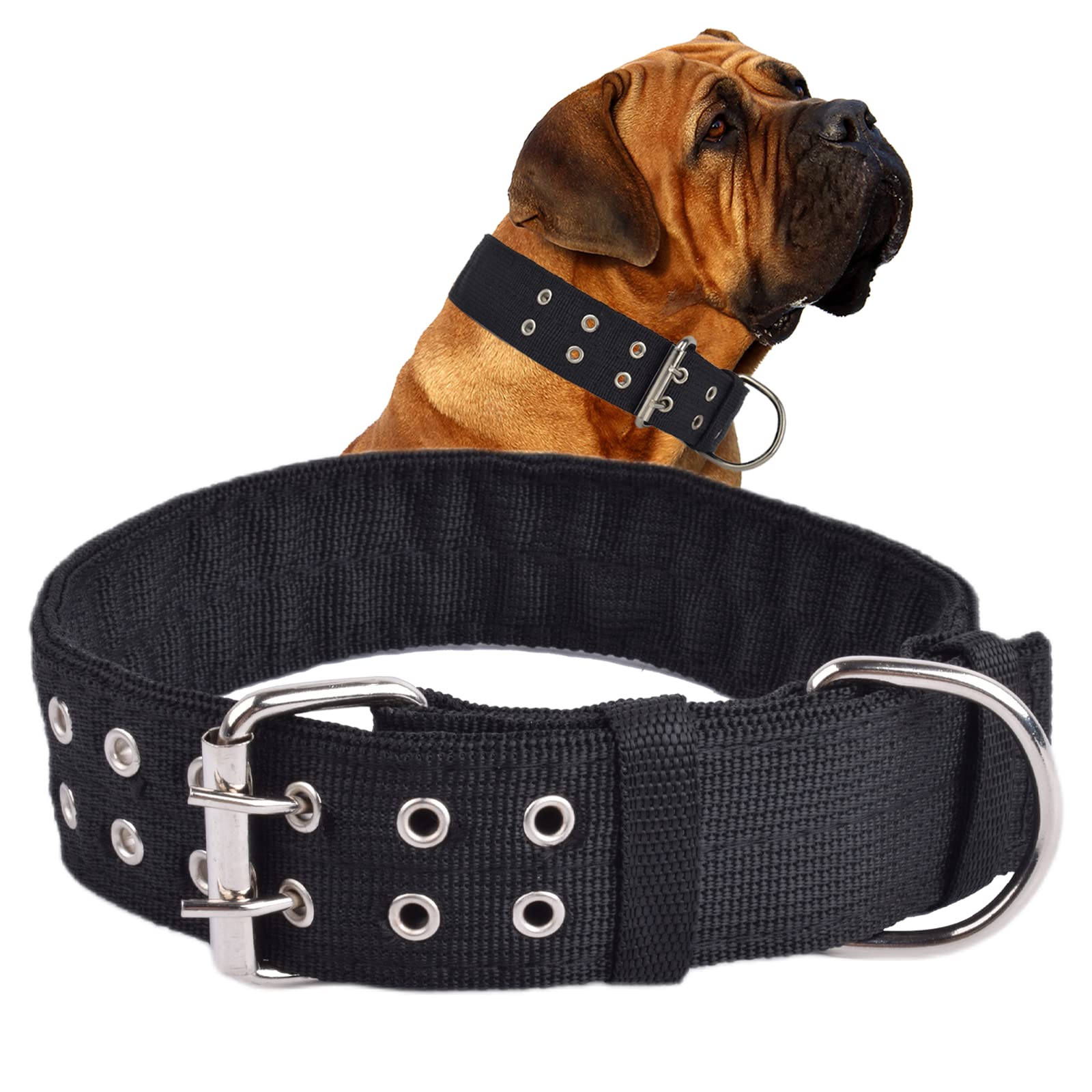 Cdycam Pet Dog Metal Buckle 2-Rows Army Green Nylon Fabric Belt Strap Adjustable Collar (L, Black)