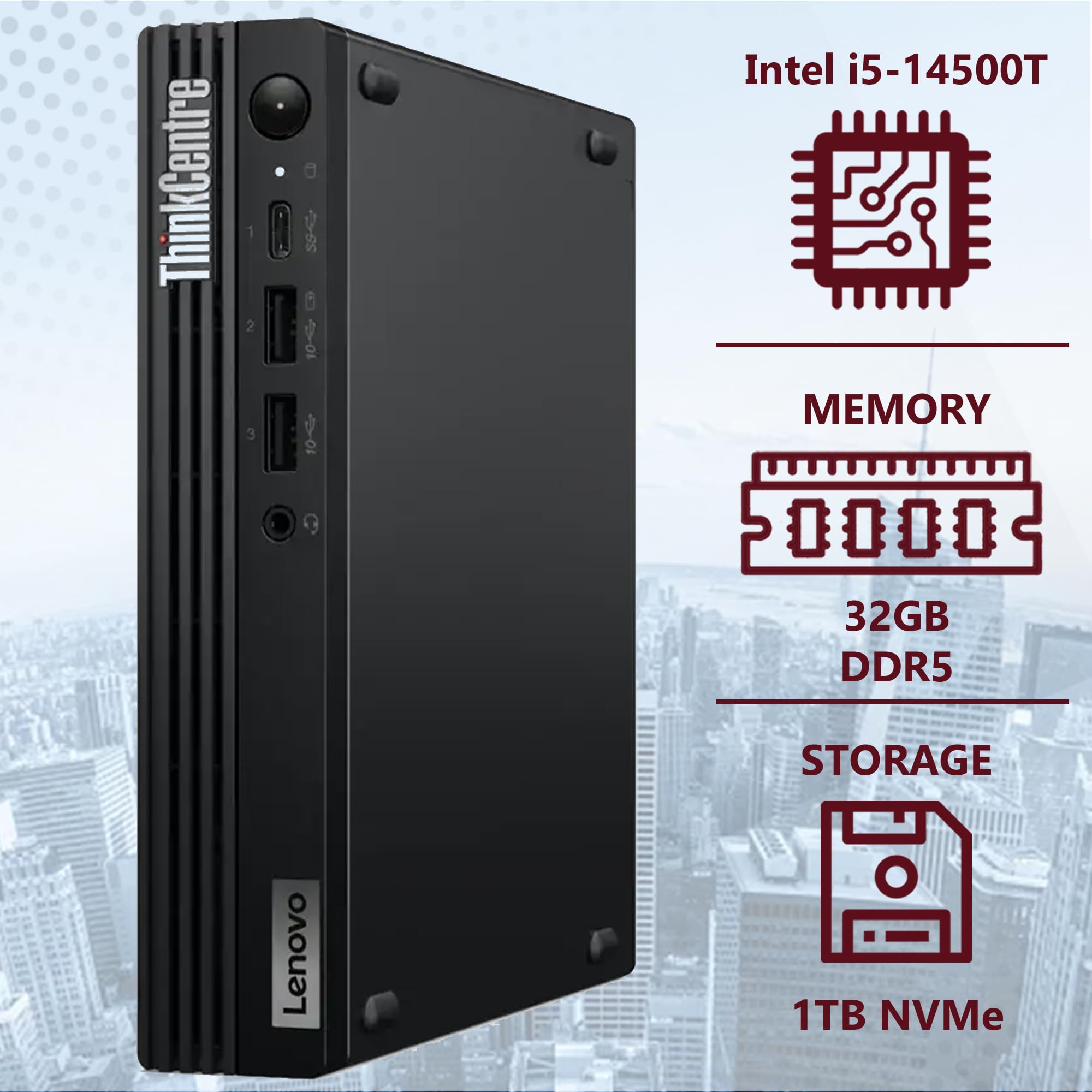 Lenovo ThinkCentre Tiny M70q Gen 5 Intel 10-Core i5-14400T (Beat i7-13700T), 32GB DDR5 RAM, 1TB NVMe, WiFi 6E, Bluetooth, RJ-45, DP Port, HDMI, W11P, Business Desktop, 3 Yr Wty