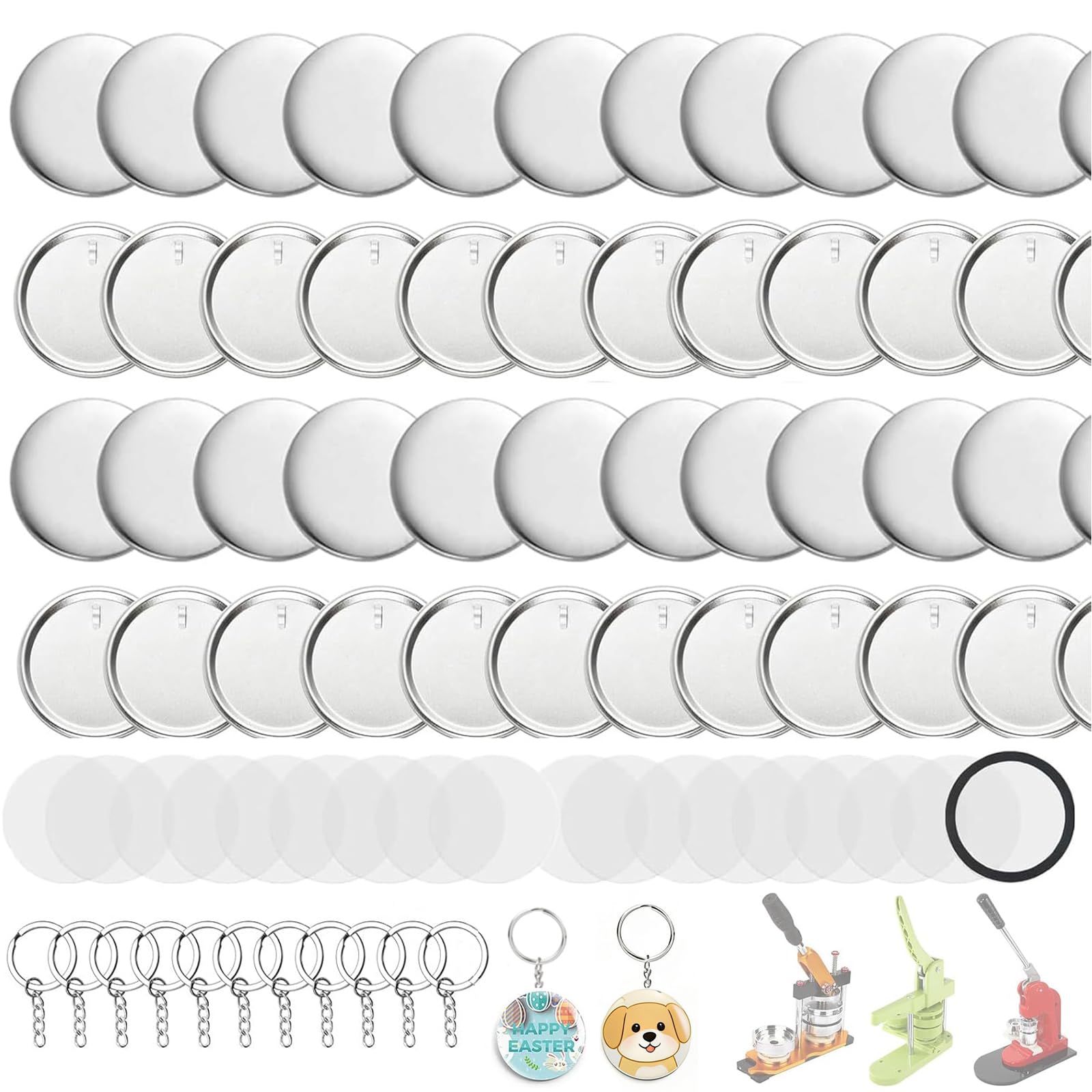 Badge Maker Keychains Supplies, 50 Sets 58mm/2.25 inch Pin Maker Buttons, Metal Badge Making kit with Metal Shell Cover, Transparent Film and Chain Head