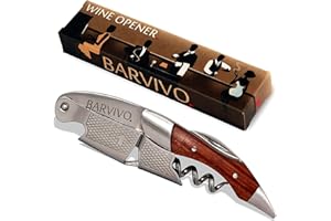 Barvivo Wine Bottle Opener with Double Hinged Corkscrew - 4.5-Inch Manual Wine Key with Foil Cutter and Cap Remover - Stainless Steel Bar Key Tool for Bartenders and Servers - Natural Rosewood Handle
