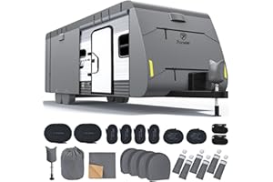 FONZIER Upgraded 600D Top Waterproof Travel Trailer RV Cover, Extra-Thick Oxford for 22'1"-24' RV, Anti-UV Rip-Stop Utility Camper Cover with Adhesive Repair Patch, 2Pcs Extra Straps & 4 Tire Covers