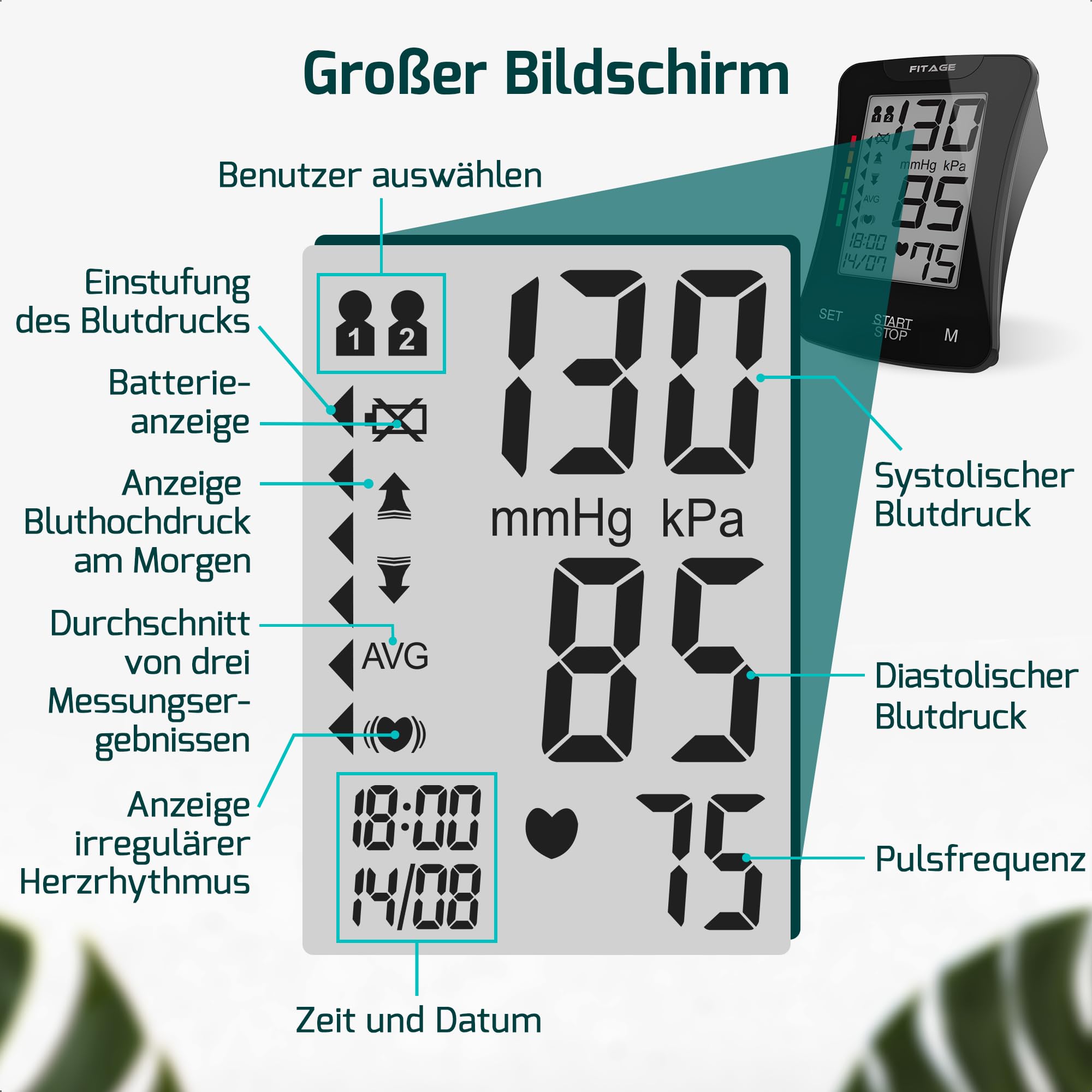 FITAGE Blutdruckmessgerät Oberarm Digital Blutdruck-Messgerät und Pulsmesser mit Speicherfunktion Manschettensitzkontrolle für Oberarmumfänge von 22-42 cm, Arrhythmie-Erkennung Blood Pressure Monitor 4