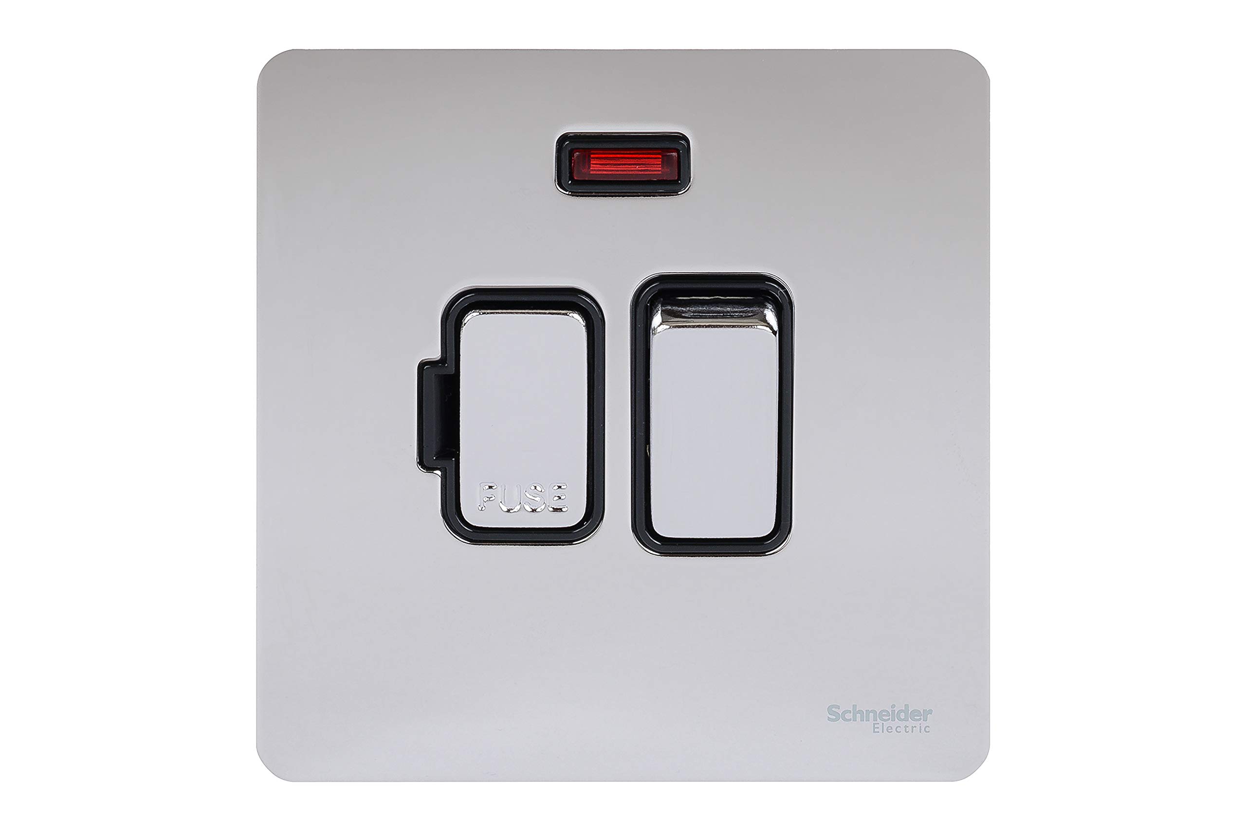 Schneider Electric Ultimate Screwless Flat Plate 13a DP Switched Connection Unit with Neon Polished Chrome Black Insert — image 1