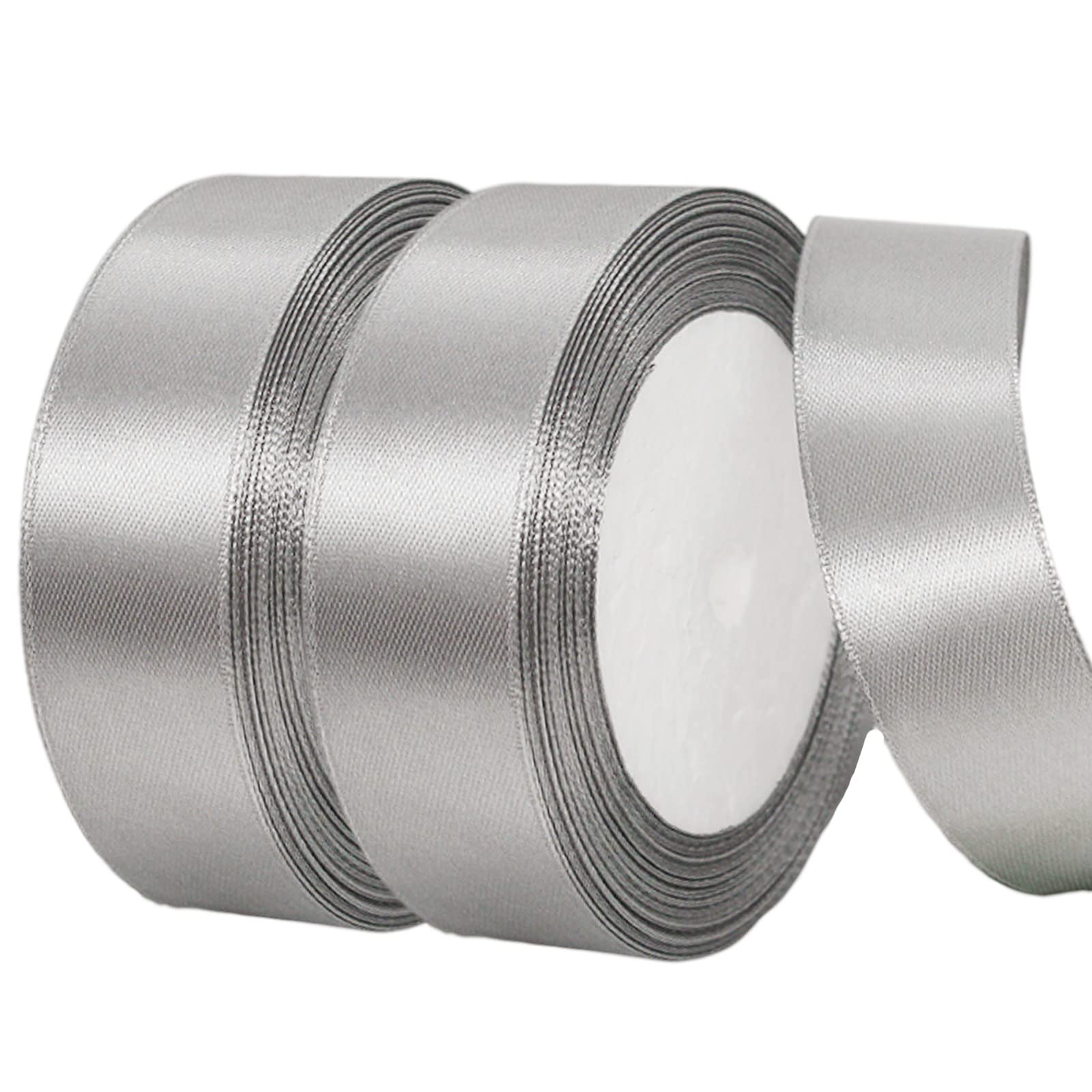 2 x 25mm Wide Gray Ribbon Thick Silver Satin Ribbon 22m, 1 inch Thick Gray Ribbon for Gift Wrapping Wedding Halloween Christmas Birthday Cake Hair Bow Florist Bouquet Crafts Decorations