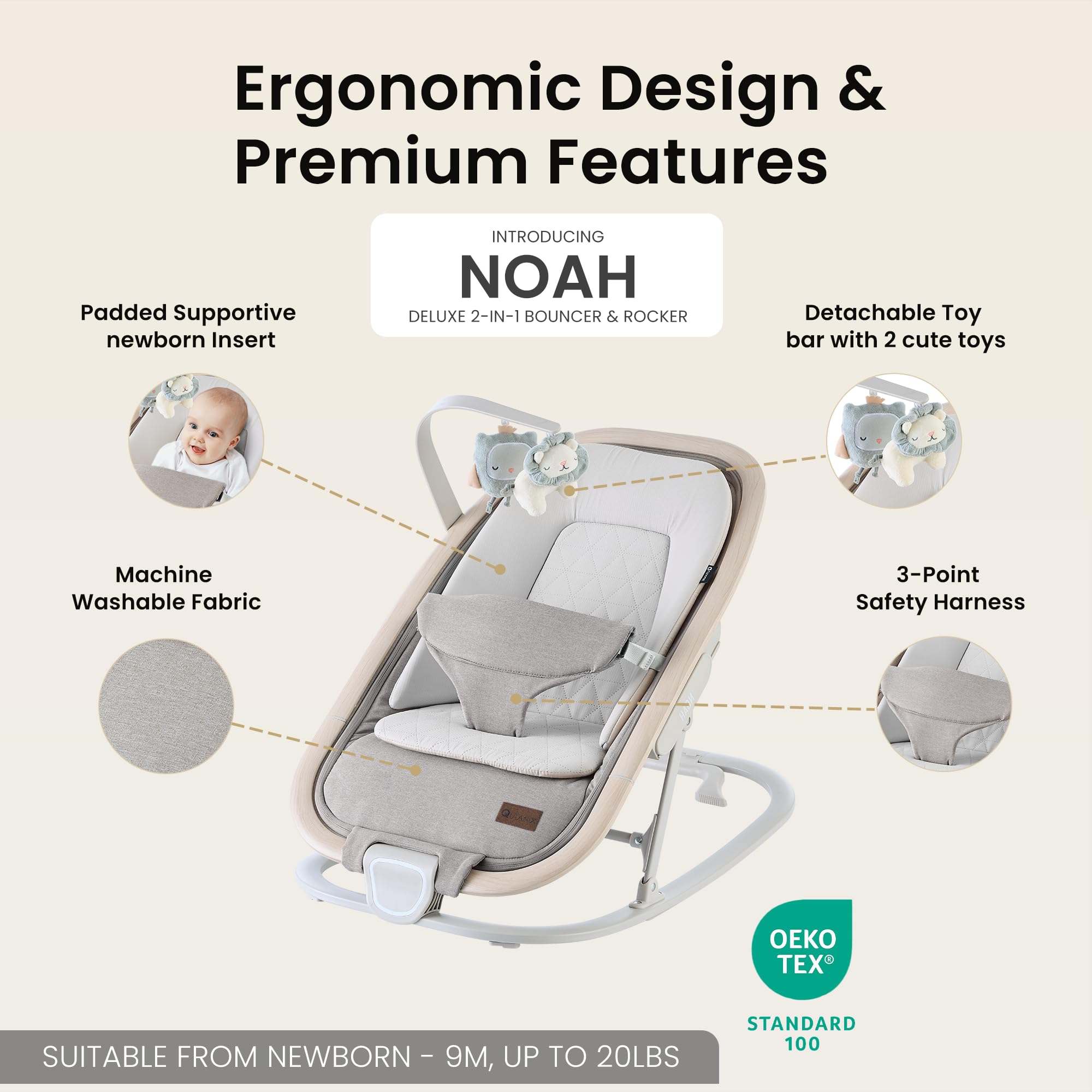 2-in-1 Baby Bouncer & Rocker,Portable Baby Bouncer Seat for Babies 0-9 Months, Baby Rocking Chair with 3 Reclining Positions,Wood Accents,Soft Newborn Insert - Beige