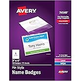 Avery Customizable Name Badges, Pin Style, 3" x 4", Clear Name Tag Holders, White Laser/Inkjet Printable Inserts, 100 Total (74540)