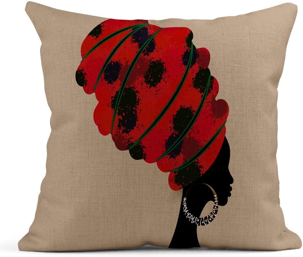 Throw Pillow Portrait Beautiful African Woman in Traditional Turban Kente Head Red Afro Dashiki Black Women Silhouette Linen Cushion Home Decorative Pillow