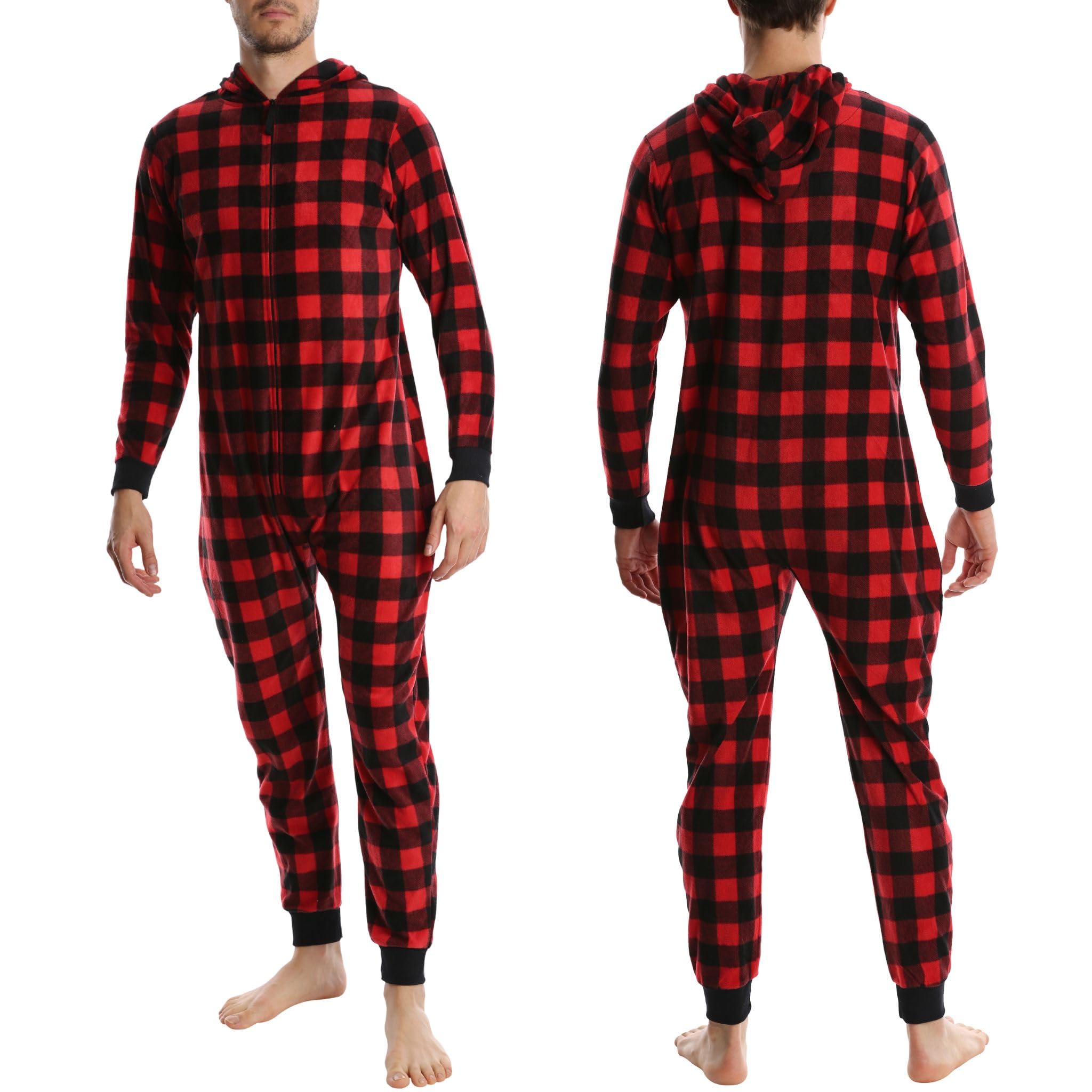 Photo 1 of SLEEPHERO Men’s Fleece Onesie – Full Zip Union Suit with Hood – Soft Adult One-Piece Pajamas Red Plaid Buffalo Check XL