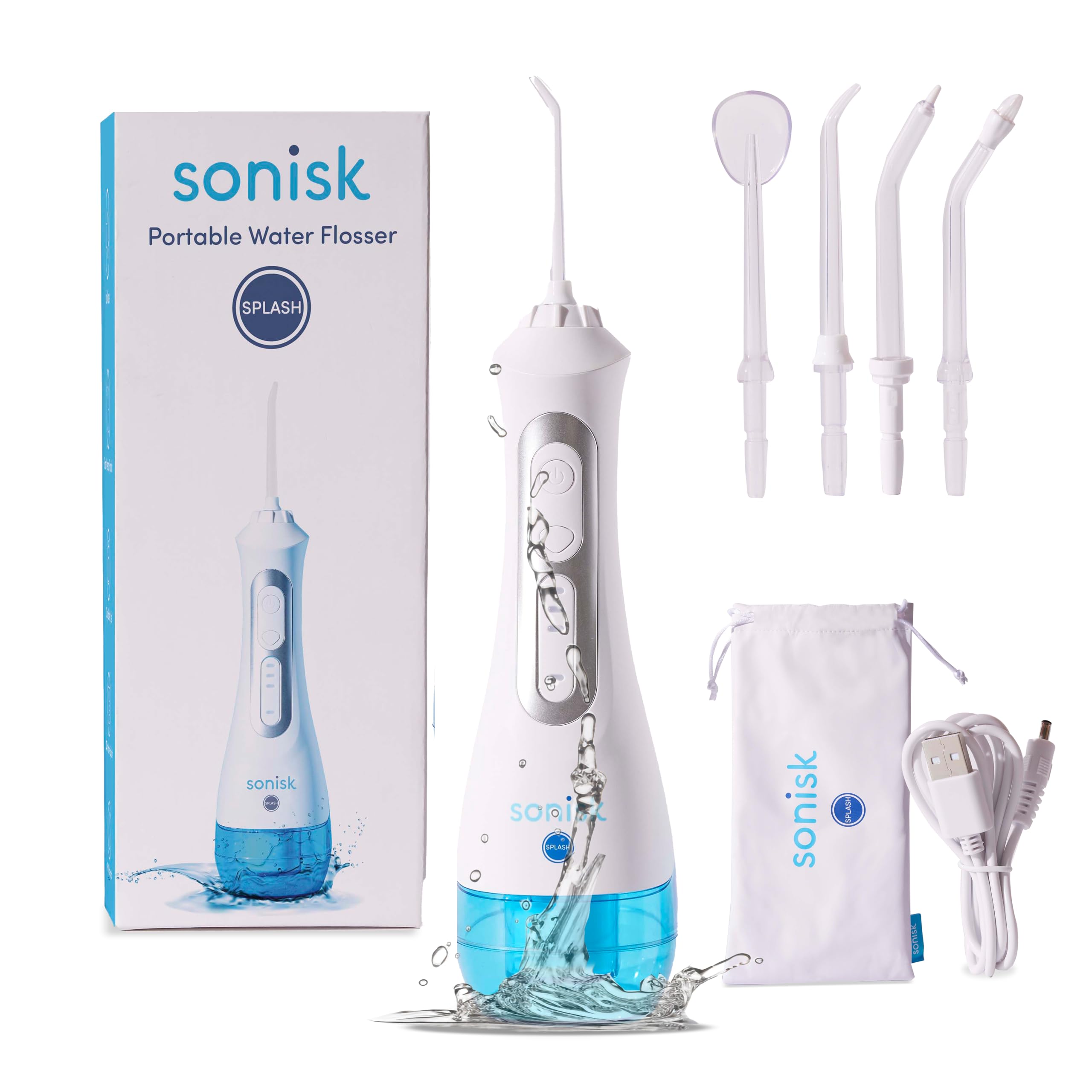 Sonisk Water Flosser | Efficient Cleaning | Gentle on Gums, Tough on Plaque | Includes 4 Floss Heads and Portable Travel Case | Recommended by Dentists