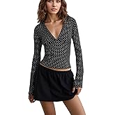 calbatic Deep V Neck Polka Dot T Shirt for Women Long Sleeve Slim Fit Crop Top Sexy Night Out Tee Top Party Clubwear