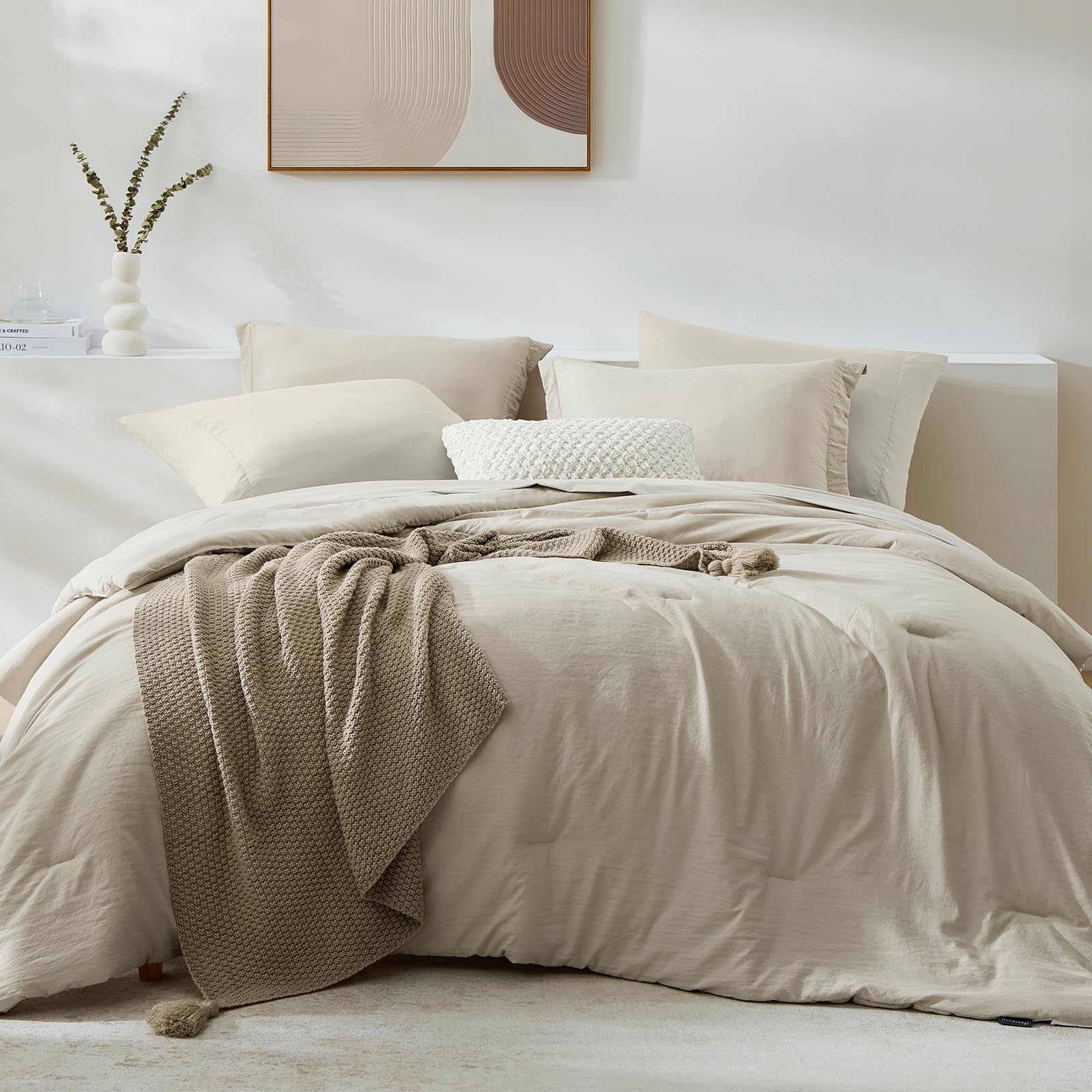 Photo 1 of **SMALL CUTS IN PHOTO**WRENSONGE Light Oatmeal Super King Plus Comforter Set, 7 Pieces Soft Microfiber Comforters with Fitted Sheet, Flat Sheet, 2 Pillow Shams, and 2 Pillowcases- Warm Bedding Sets for All Season