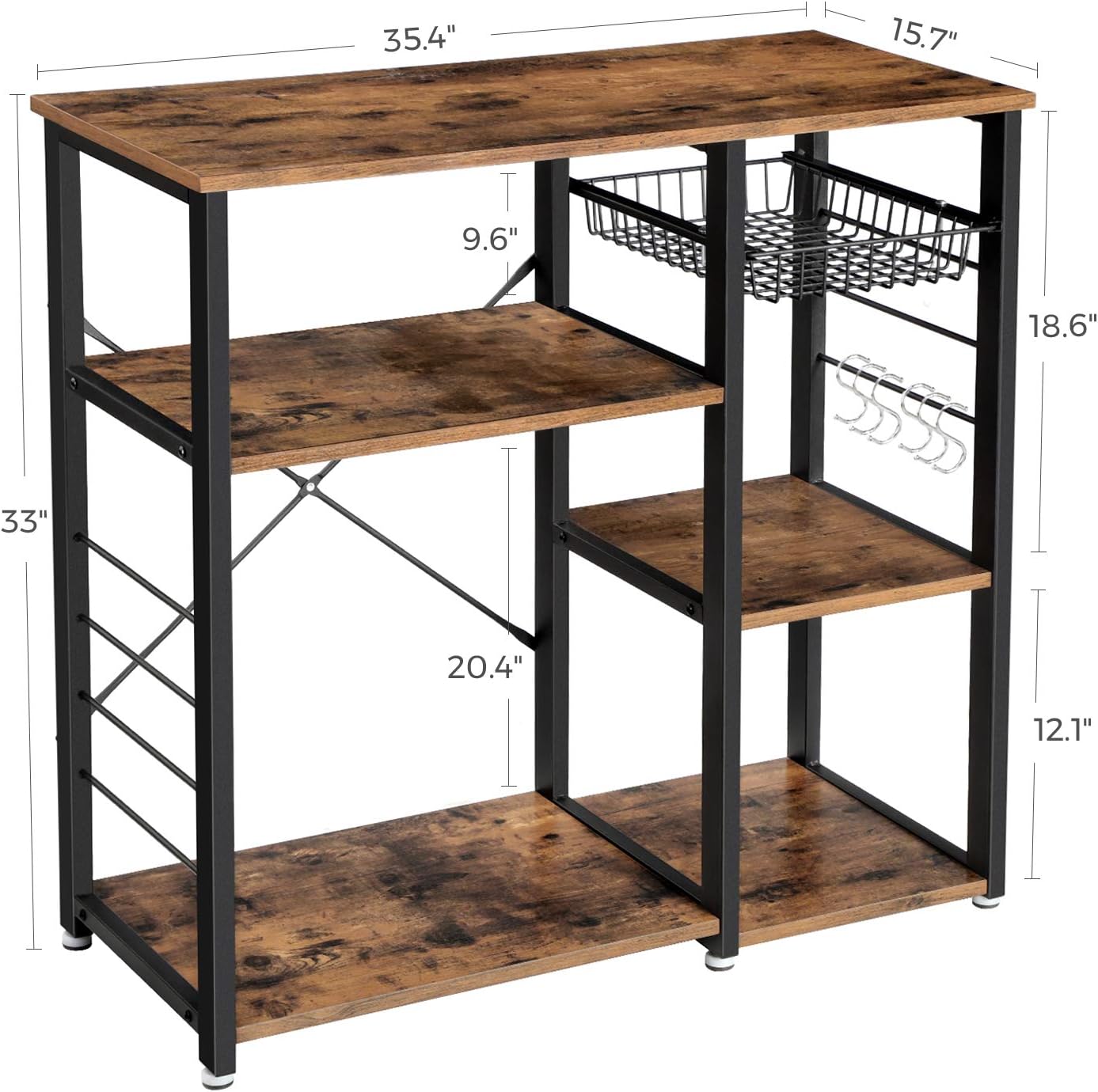 VASAGLE Industrial Kitchen Baker’s Rack, Coffee Bar, Microwave Oven Stand Metal Frame, Wire Basket 6 Hooks Mini Oven, Spices Utensils, Simple Assembly Wood Look - Standing Baker's Racks