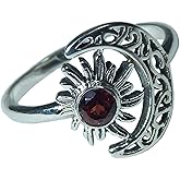 Myhealingworld Crescent Moon And Sun Garnet Round Faceted Gemstone 925 Sterling Silver Garnet Ring Jewelry for Good Luck Promise Ring Vintage Ring Birthday Gift Gift For Her