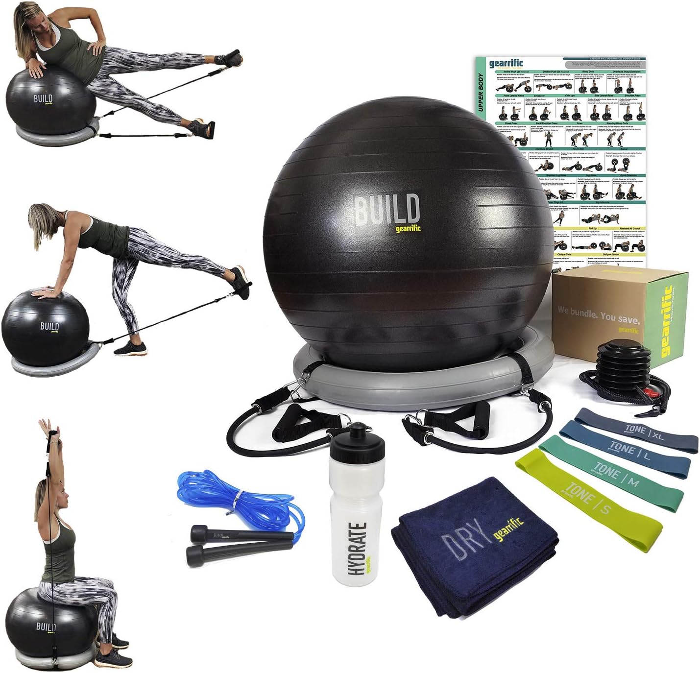 Workout Ball Set: Exercise Ball with Resistance Bands & Handles, Poster, Stability Base, Training Bands, Jump Rope, Water Bottle & Gym Towel