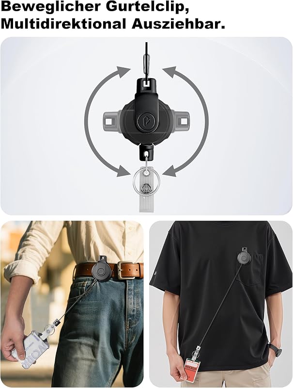 Einziehbarer Schlüsselanhänger - 360° Drehbar, Dauerhaft Ausziehbarer Karabiner-Ausweishalter, Taktische ID-Ausweisrolle mit Ausziehbar, 80cm/31,5 Zoll-Stahlschnur, 250g/8,8 oz - Schwarz