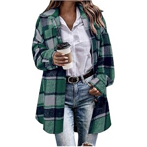 Womens Plaid Shacket Jacket Tweed Button Down Wool Blend Casual Soft Outdoor Vacation Fall Winter Flannel Tartan Coats
