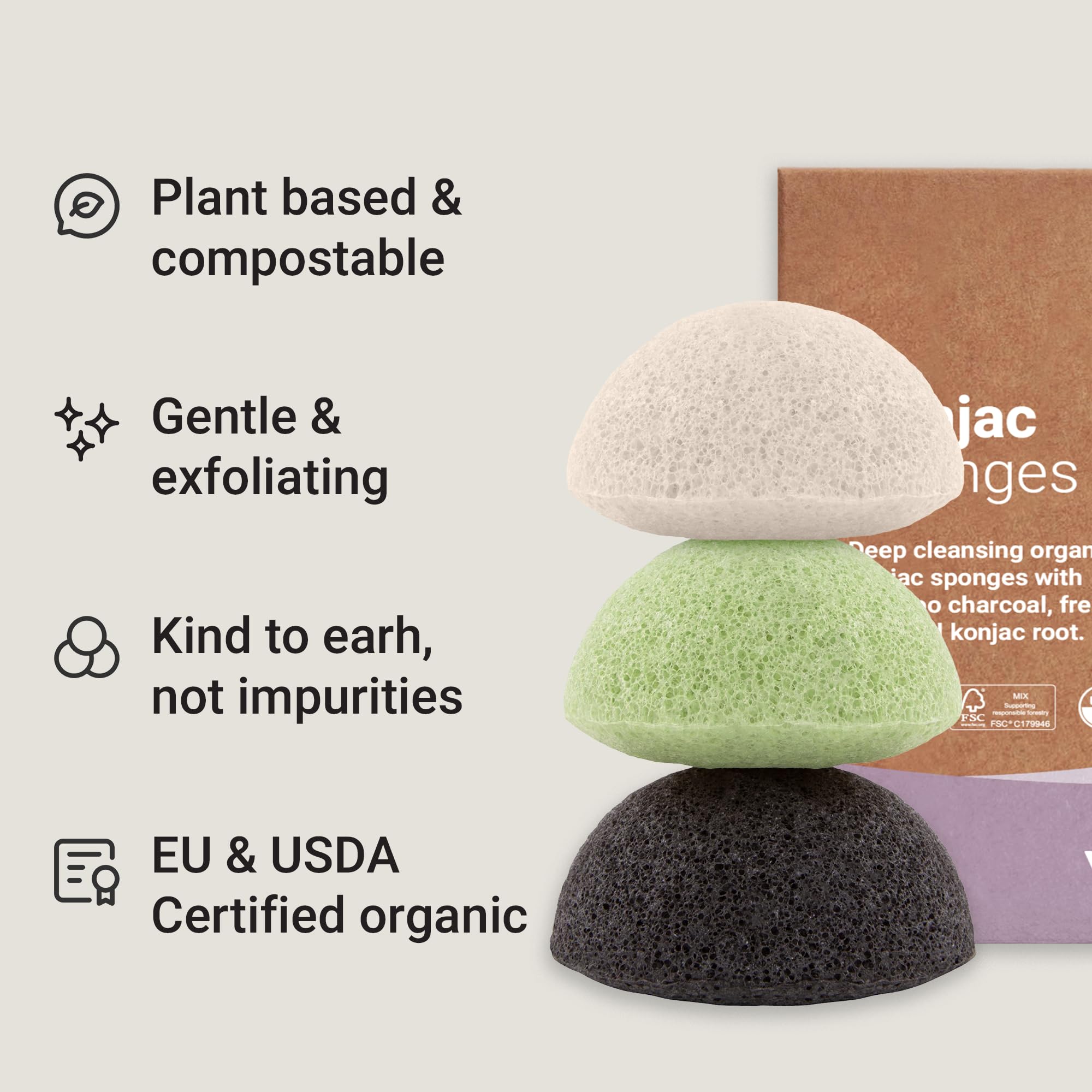 Vove Organic Konjac Facial Sponges 3-Pack - Natural Face Exfoliating Sponges with Bamboo Charcoal & Green Clay, Gentle Cleansing for All Skin Types, Natural Vegan Skincare, Certified Organic