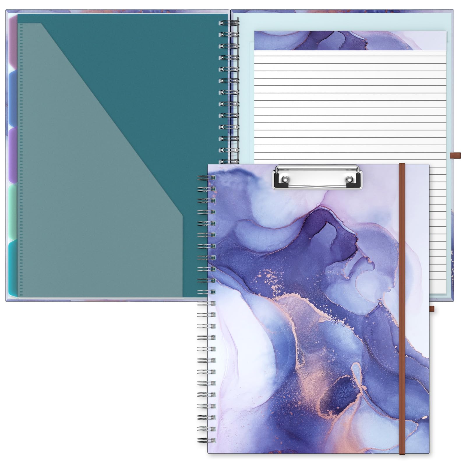 Hnogri Clipboard Folio with Refillable Lined Notepad, Clipboards with 5 A4 Folders Storage 10 Pockets, Spiral Clip Board Portfolio, Size 12.8" x 9.7", Office Supplies, School Supplies, Purple Marble
