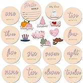 Monthly Baby Milestone Maker Discs, Baby Milestone Signs for Newborn Baby, Hello World Newborn Sign for Baby Girl &amp; Boy, Baby Announcement Sign for 1-12 Month, Milestone Wooden Circles (Pink)