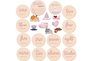 CEPHIRA Monthly Baby Milestone Maker Discs, Baby Milestone Signs for Newborn Baby, Hello World Newborn Sign for Baby Girl & Boy, Baby Announcement Sign for 1-12 Month, Milestone Wooden Circles (Pink)