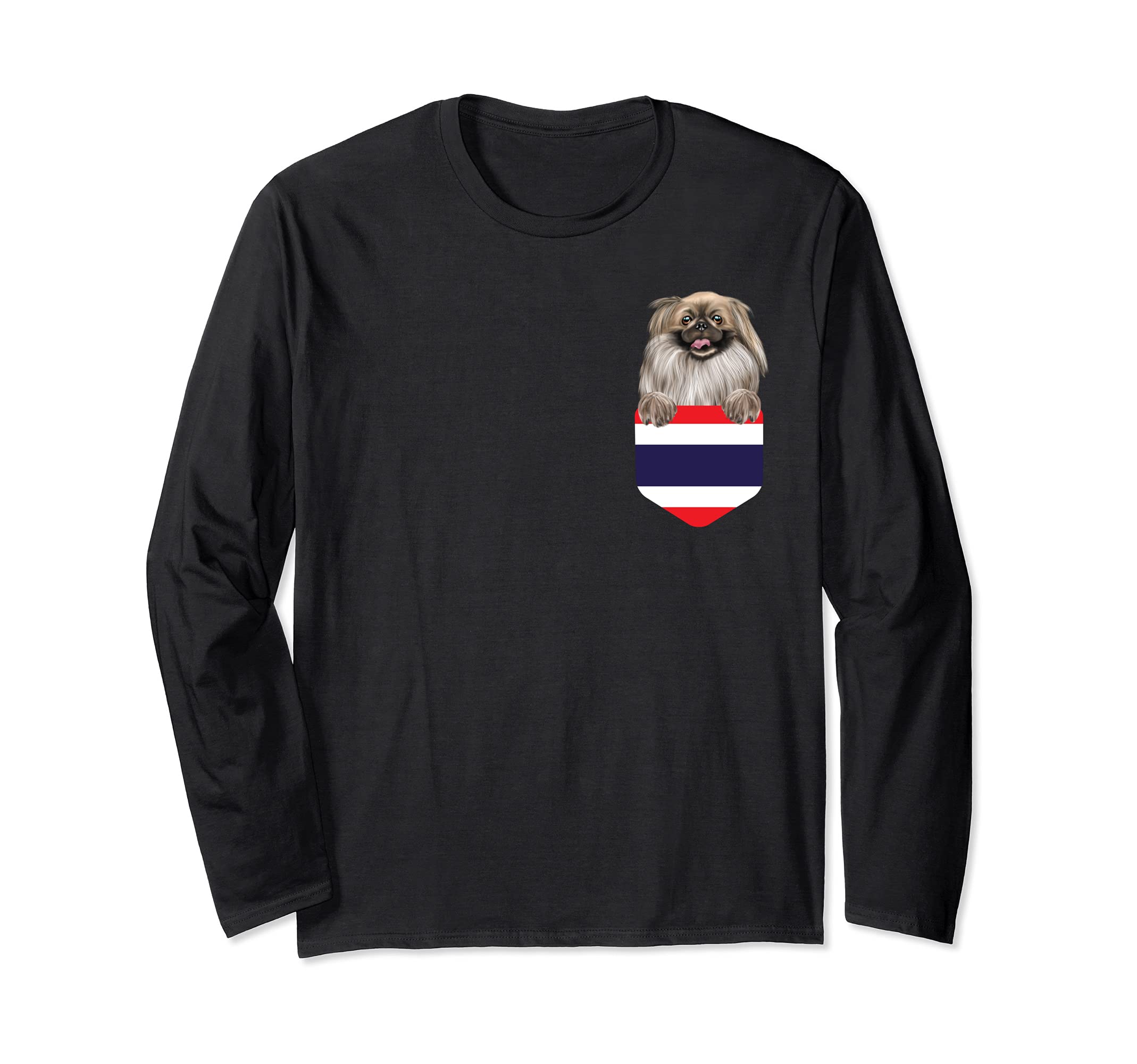 Thailand Flag Pekingese Dog In Pocket Long Sleeve T-Shirt